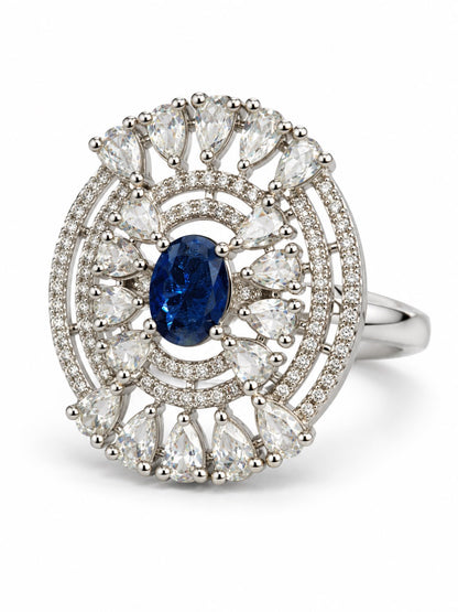 Blue Oval Center Halo Ring - Silver Plated - alternate view