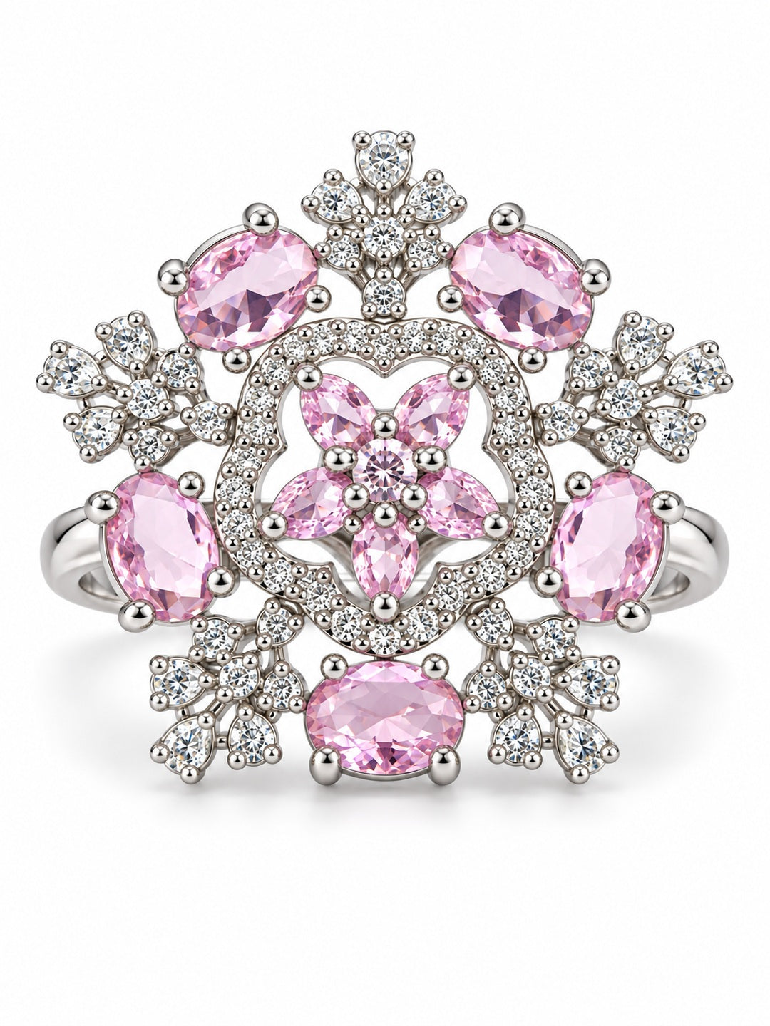 Pink Stone Ornate Floral Ring - Silver Plated - alternate view