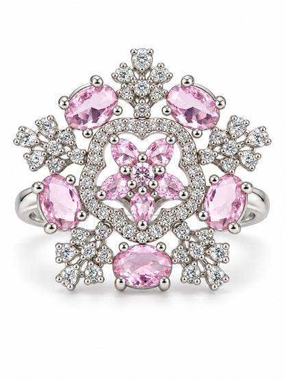 Pink Stone Ornate Floral Ring - Silver Plated - alternate view
