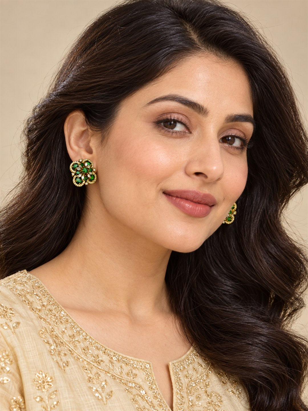 Green Four Petal Oval Stone Stud Earrings - Gold Plated