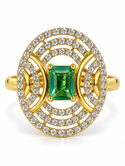Sea Green Center Stone Oval Geometric Halo Ring - Gold Plated