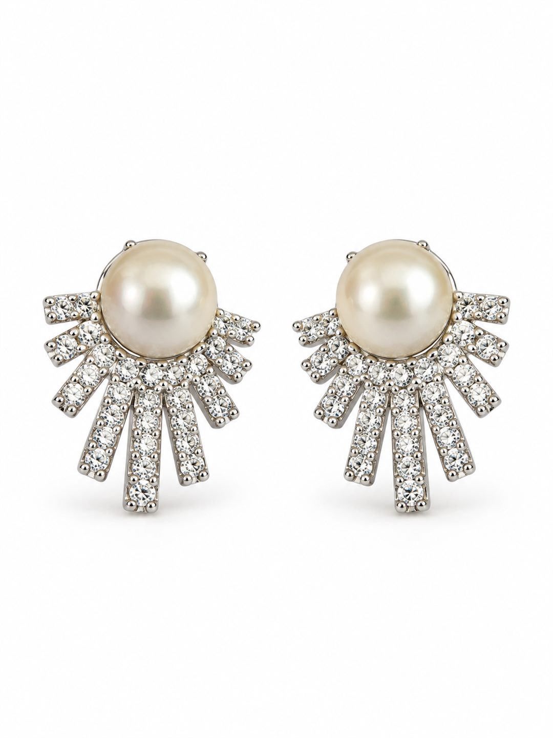White Pearl-Effect Sunray Fan Stud Earrings, silver plated, additional product view