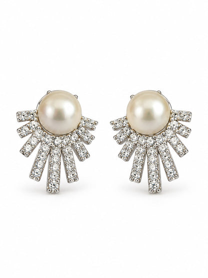 White Pearl-Effect Sunray Fan Stud Earrings, silver plated, additional product view
