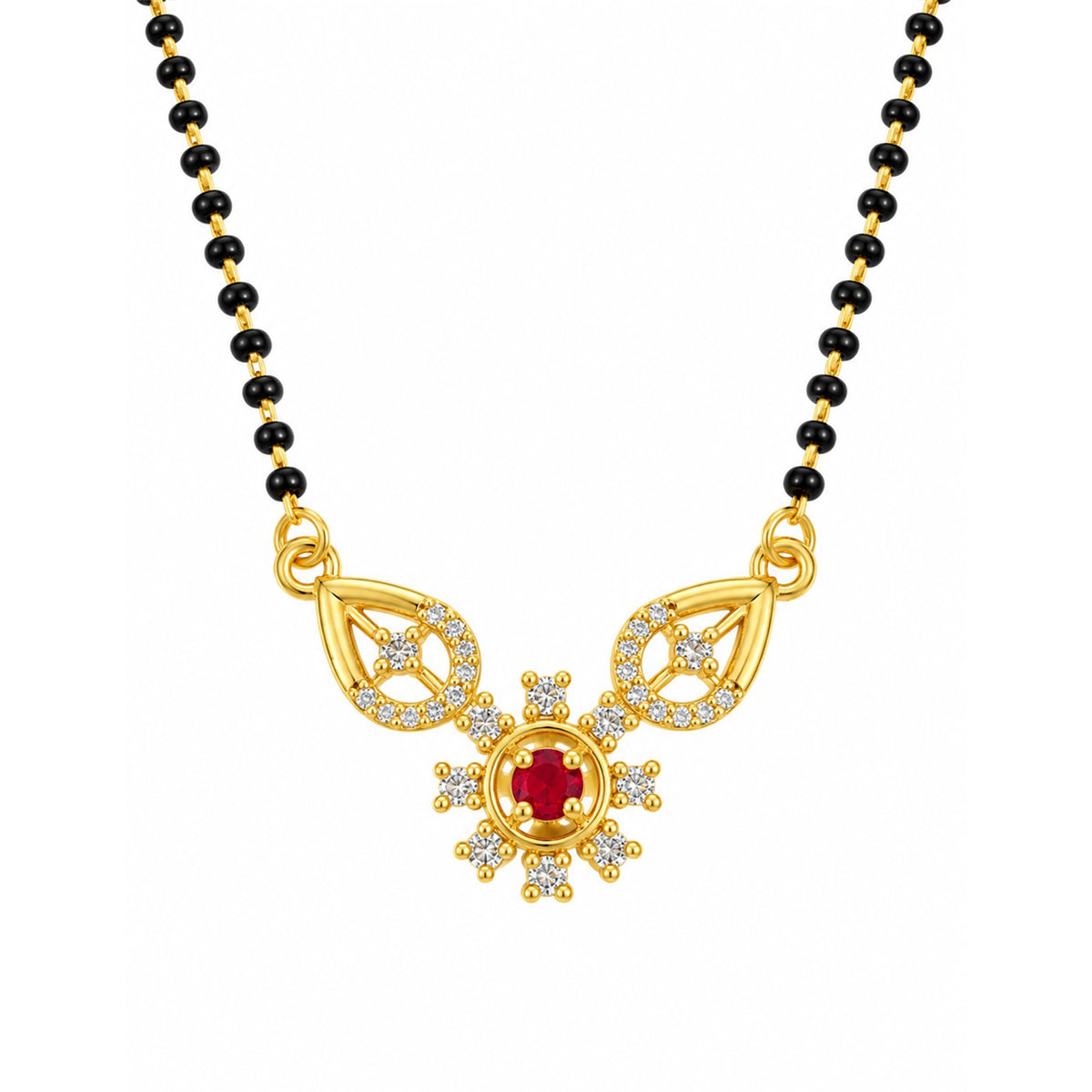 Red flower and open leaf gold-plated mangalsutra