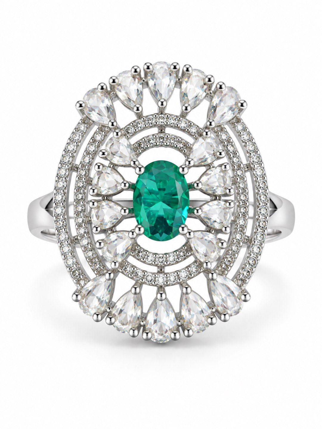 Green Oval Center Halo Ring - Silver Plated - alternate view