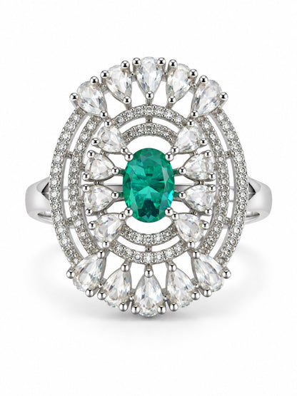 Green Oval Center Halo Ring - Silver Plated - alternate view