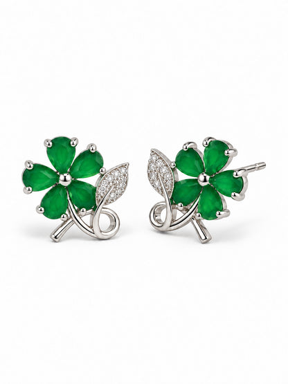 Green Flower and Leaf Stud Earrings, silver plated, alternate product view