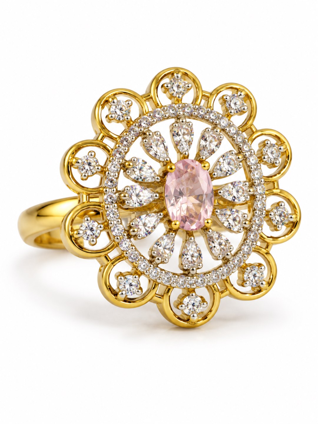 Pink Center Stone Scalloped Floral Halo Ring - Gold Plated