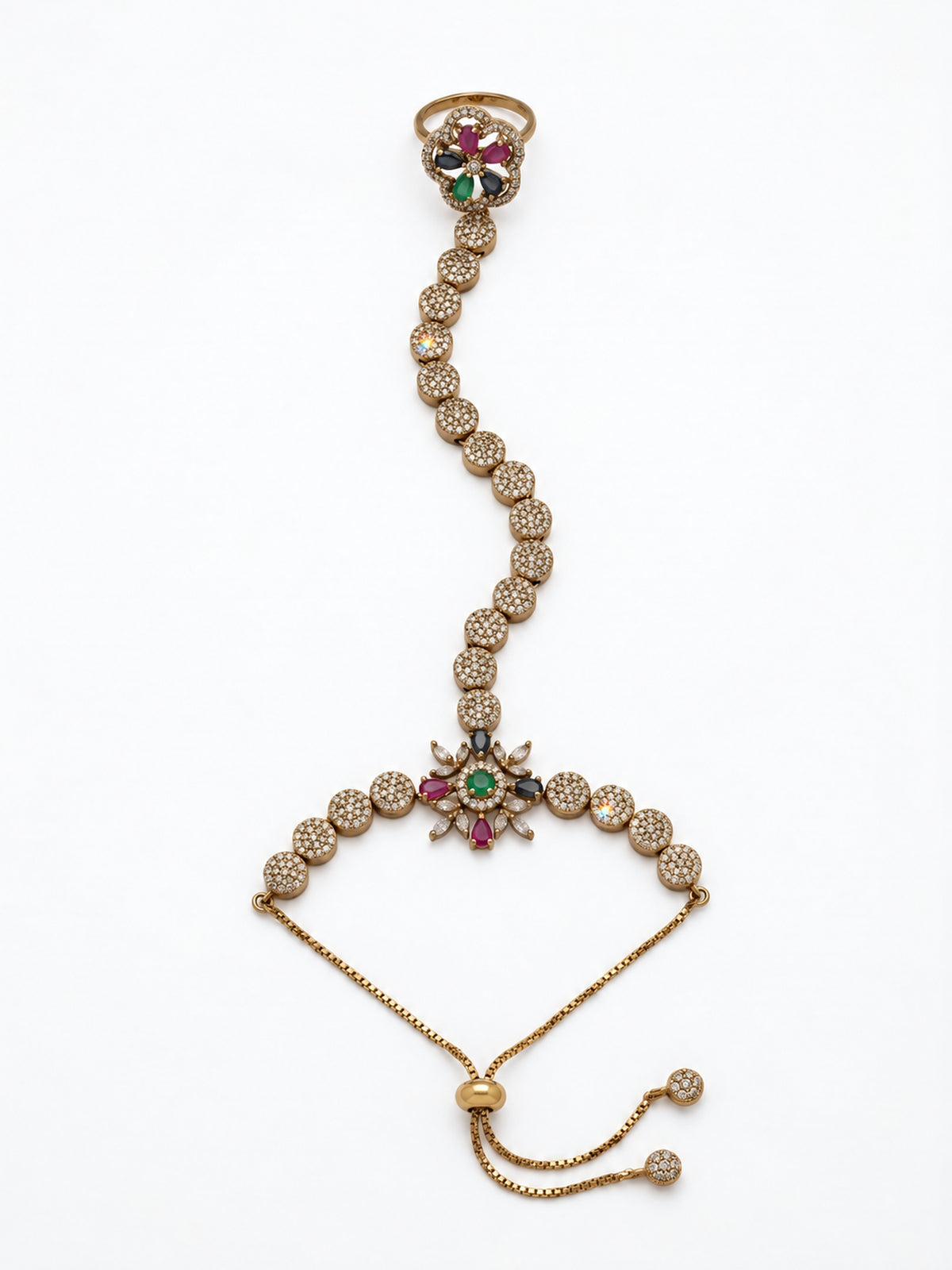 Multicolor Floral Round-Stone Chain Hathphool - Mehndi Plated