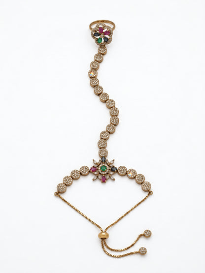 Multicolor Floral Round-Stone Chain Hathphool - Mehndi Plated