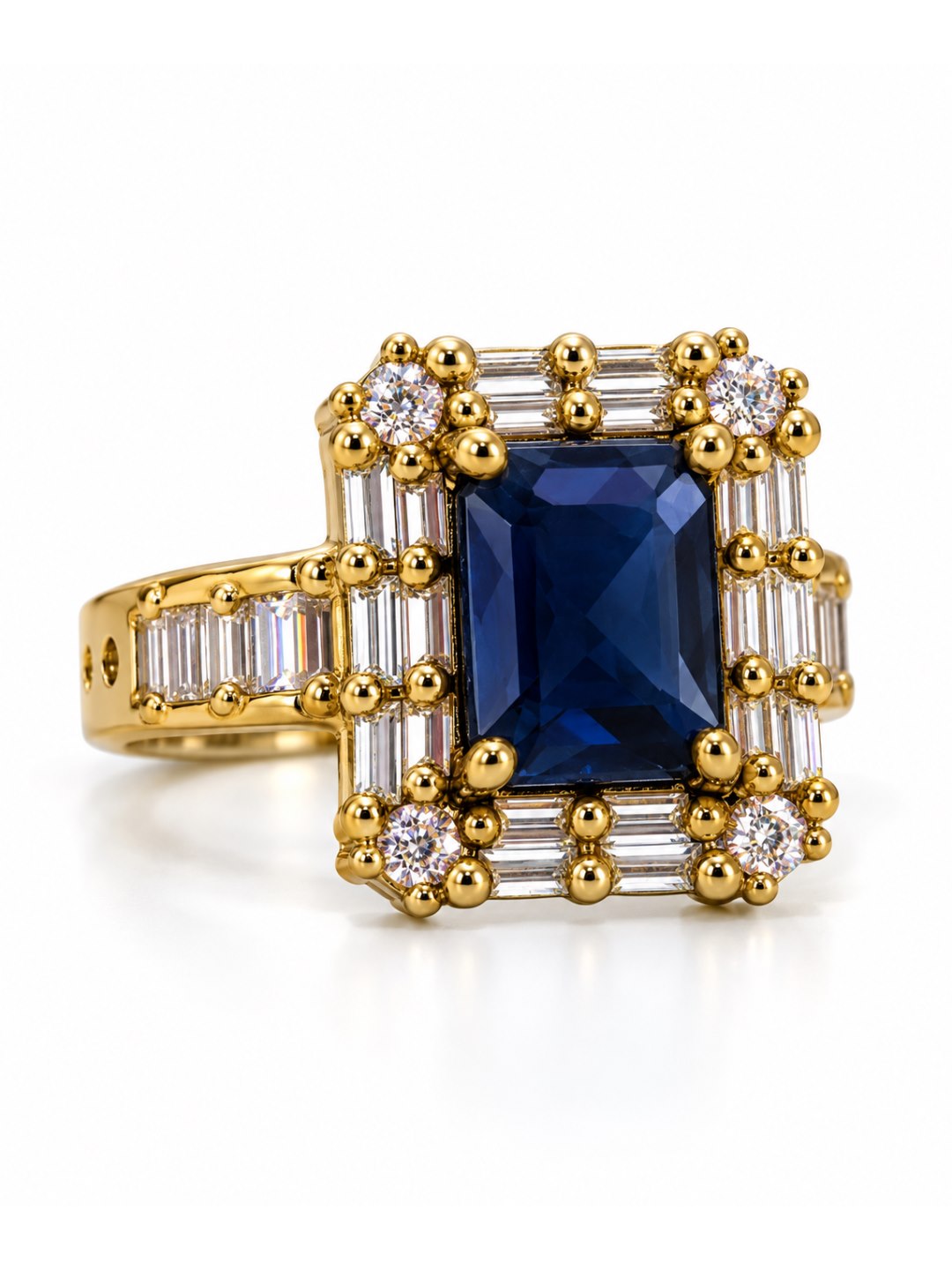 Blue Center Stone Baguette Halo Ring - Gold Plated product image