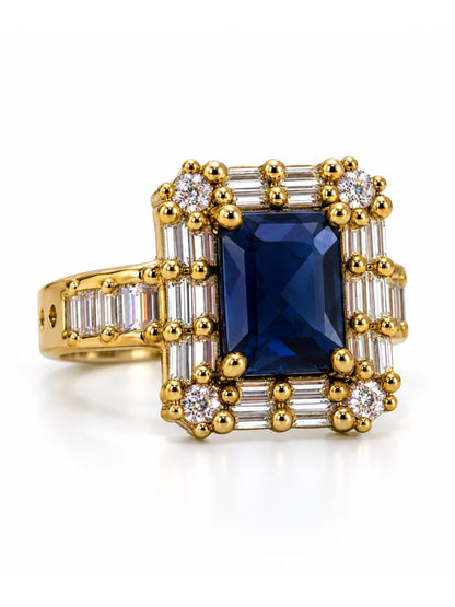 Blue Center Stone Baguette Halo Ring - Gold Plated product image