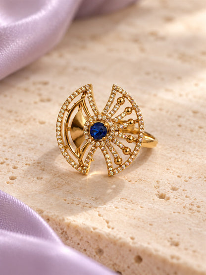 Blue Stone Openwork Fan Ring - Gold Plated, additional view 3