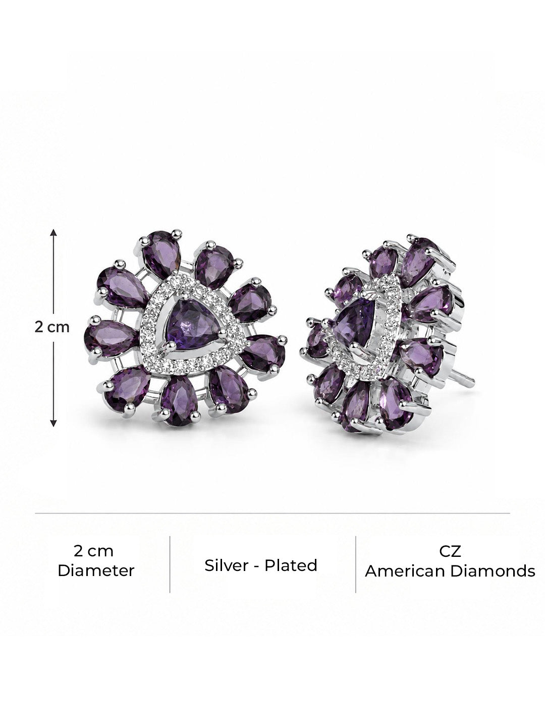 Purple triangle center floral halo silver-plated stud earrings