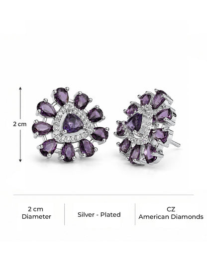 Purple triangle center floral halo silver-plated stud earrings