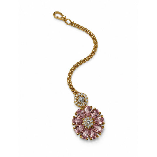 Light Pink Teardrop Floral Maang Tikka - Gold Plated, product view