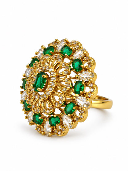 Green Stone Ornate Floral Cluster Ring - Gold Plated, additional view 1