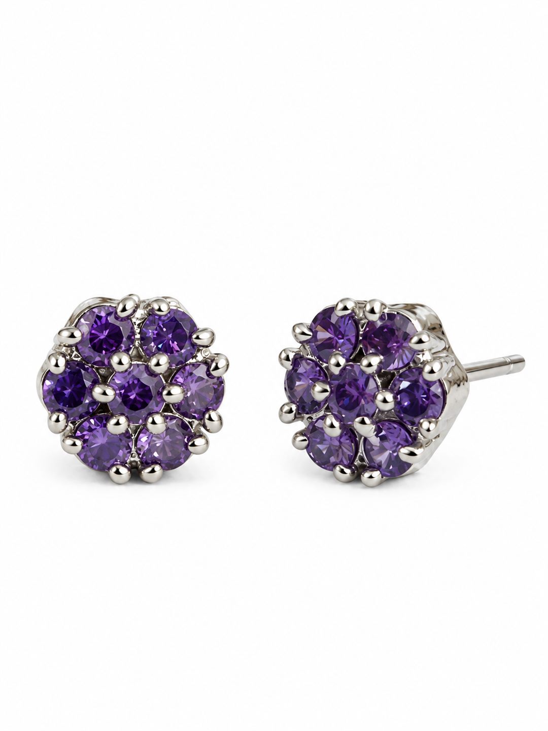 Purple Stone Floral Cluster Stud Earrings, silver plated, alternate product view