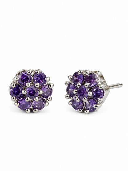 Purple Stone Floral Cluster Stud Earrings, silver plated, alternate product view