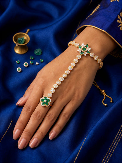 Green Floral Round-Stone Chain Hathphool - Mehndi Plated worn on hand
