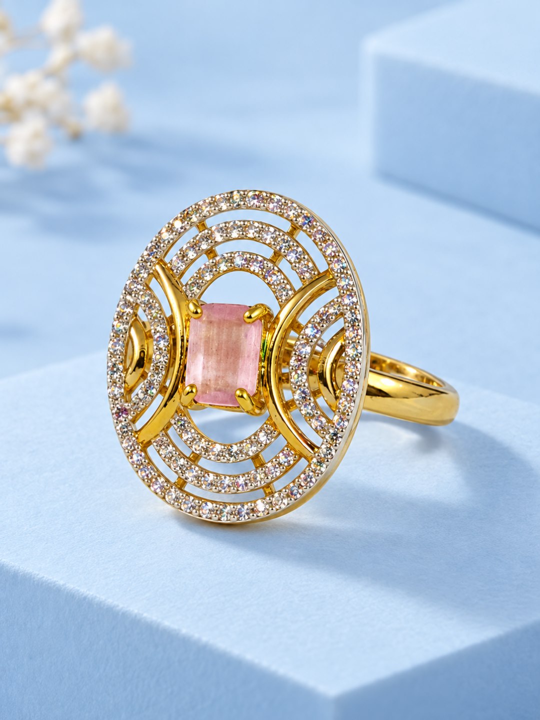 Pink Center Stone Oval Geometric Halo Ring - Gold Plated