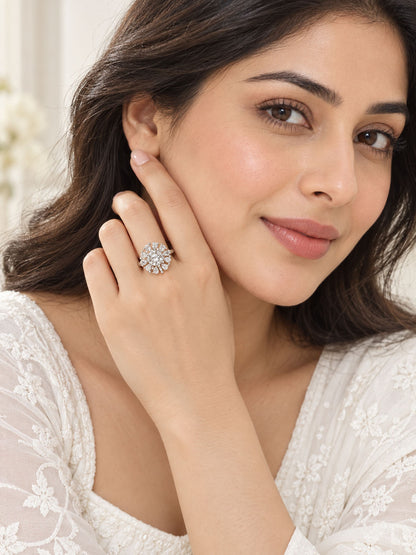Silver Plated Floral AD Adjustable Ring For Women - model lifestyle