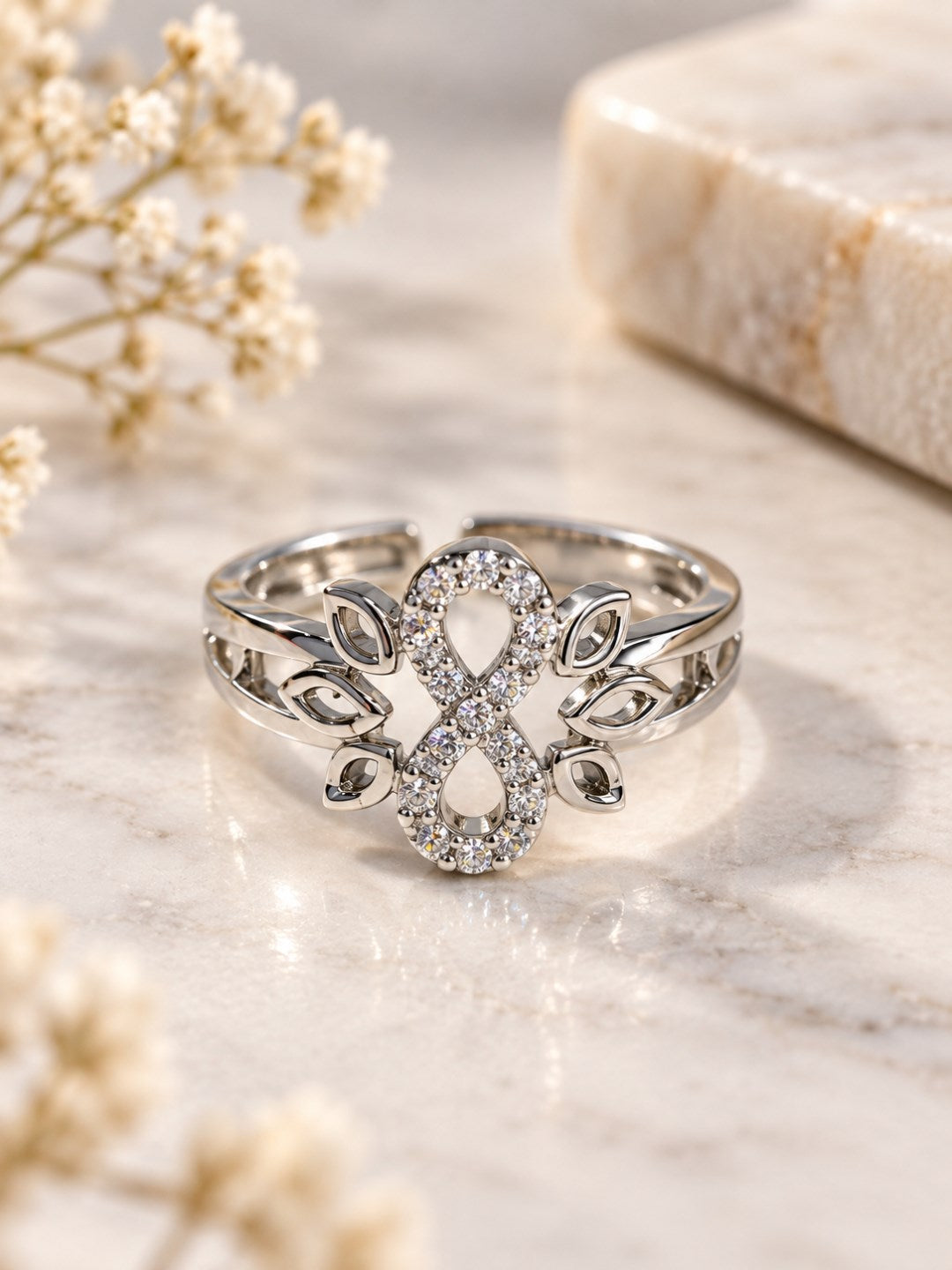 Clear Infinity Leaf Ring - Silver Plated