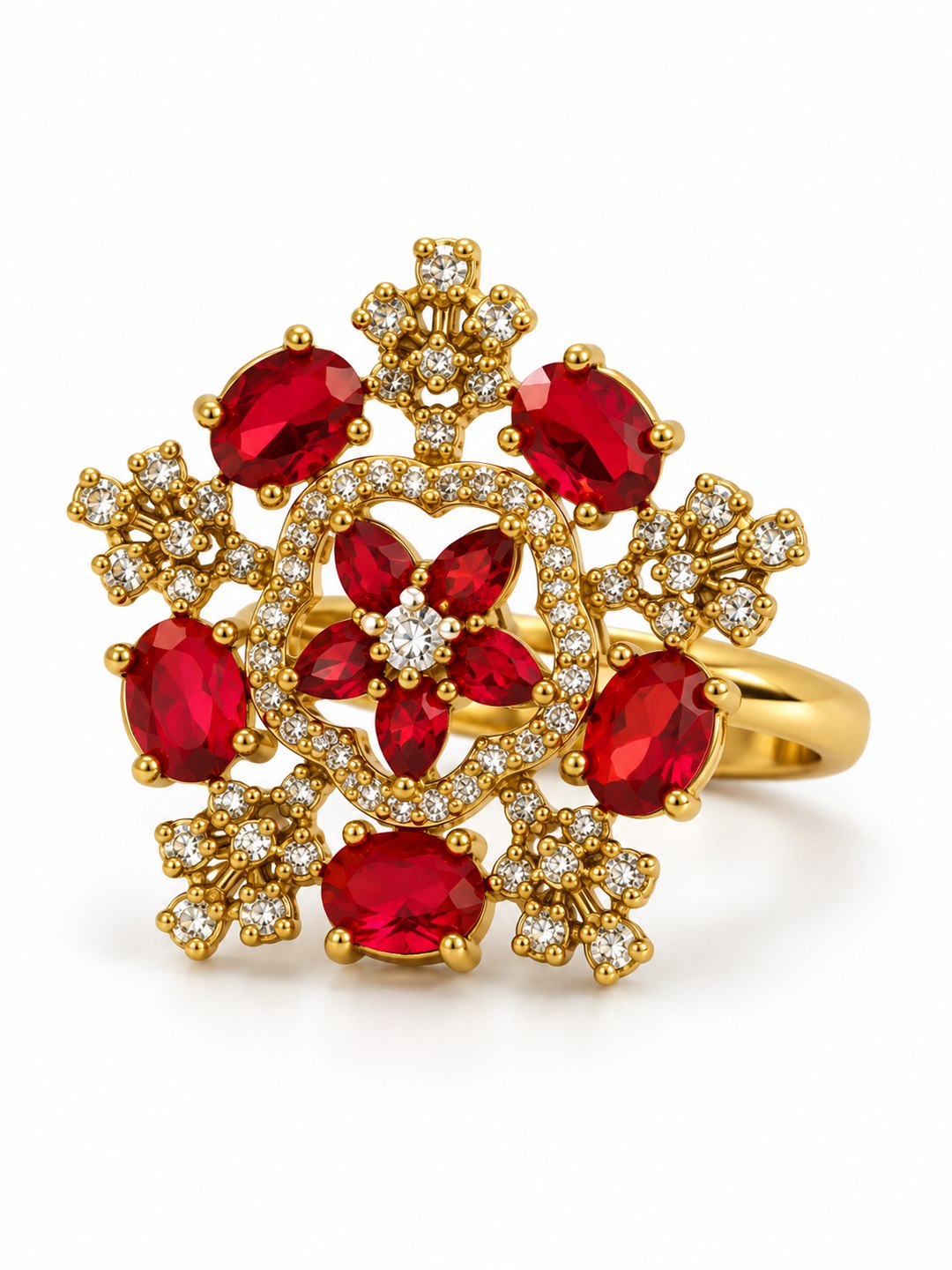 Red Stone Floral Cross Cluster Ring - Gold Plated, additional view 1