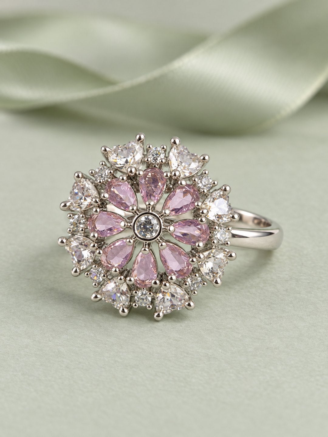 Pink Petal Halo Flower Ring - Silver Plated - alternate view