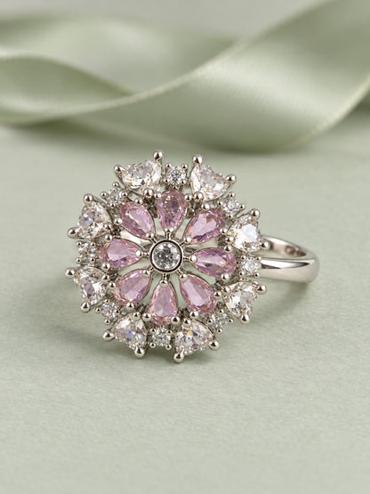 Pink Petal Halo Flower Ring - Silver Plated - alternate view