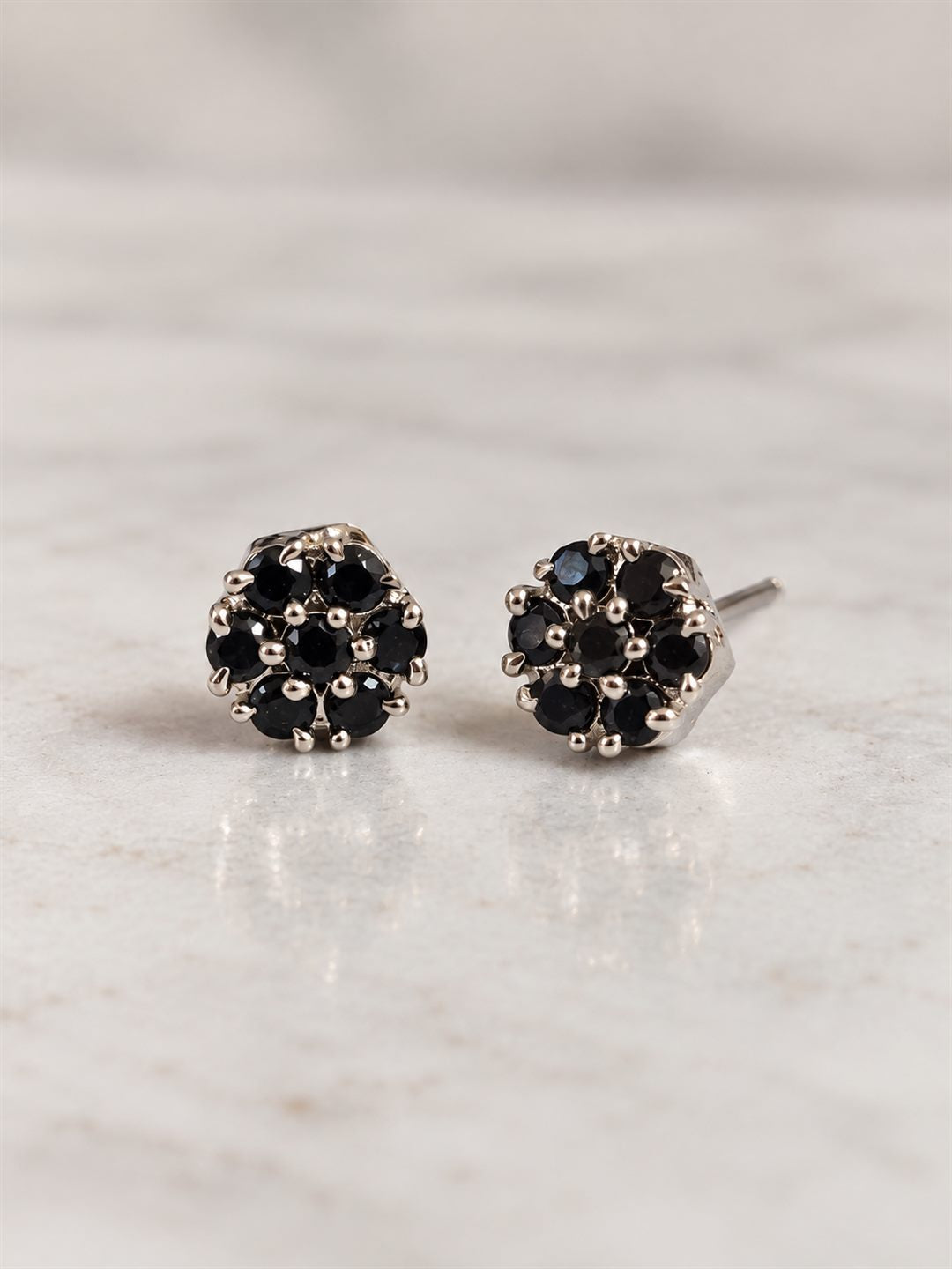 Black Stone Floral Cluster Stud Earrings, silver plated, lifestyle view