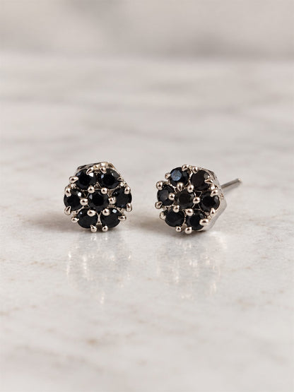 Black Stone Floral Cluster Stud Earrings, silver plated, lifestyle view