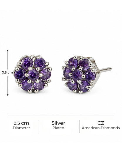Purple Stone Floral Cluster Stud Earrings, silver plated, size and plating details