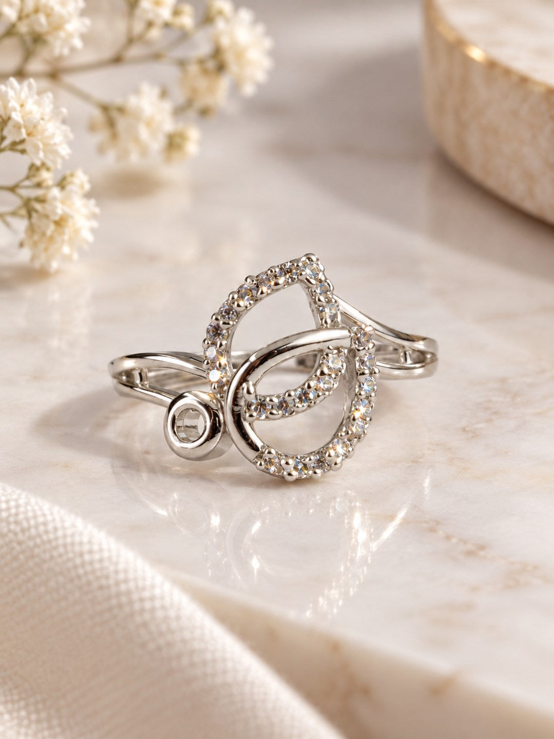 Clear Twin Teardrop Swirl Ring - Silver Plated