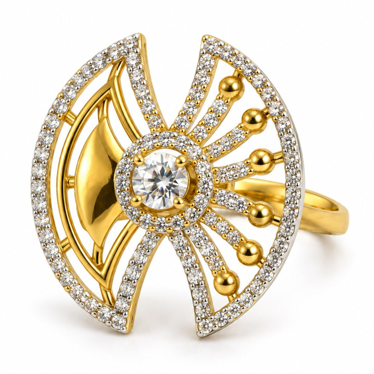 White Center Stone Fan Motif Ring - Gold Plated