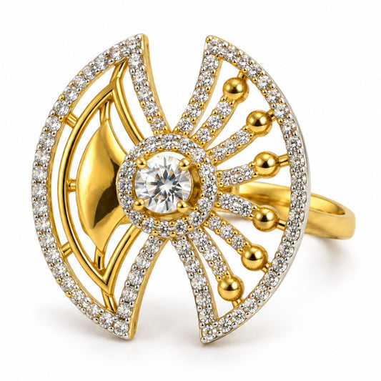 White Center Stone Fan Motif Ring - Gold Plated