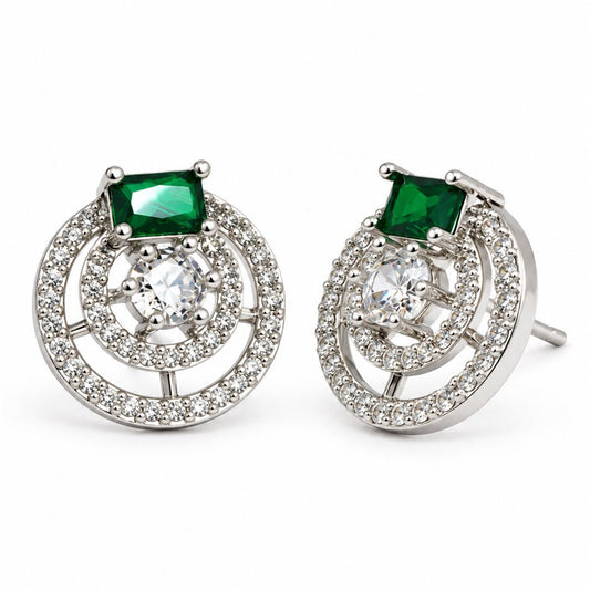 Green Stone Double Halo Stud Earrings, silver plated