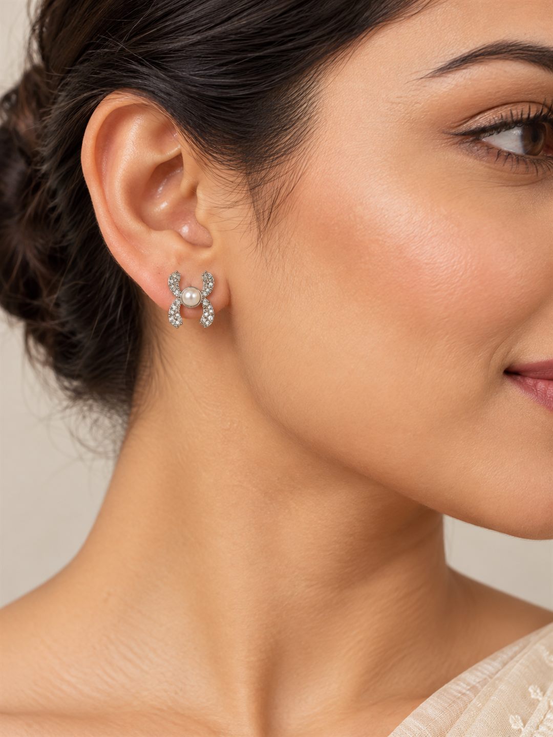 White Pearl-Effect Four Petal Stud Earrings, silver plated, model close-up