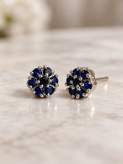 Blue Stone Floral Cluster Stud Earrings, silver plated, lifestyle view