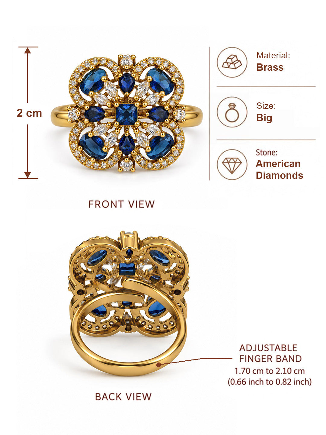 Blue Stone Four Leaf Clover Cluster Ring - Gold Plated, additional view 6