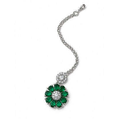 Green Teardrop Floral Maang Tikka - Silver Plated, product view
