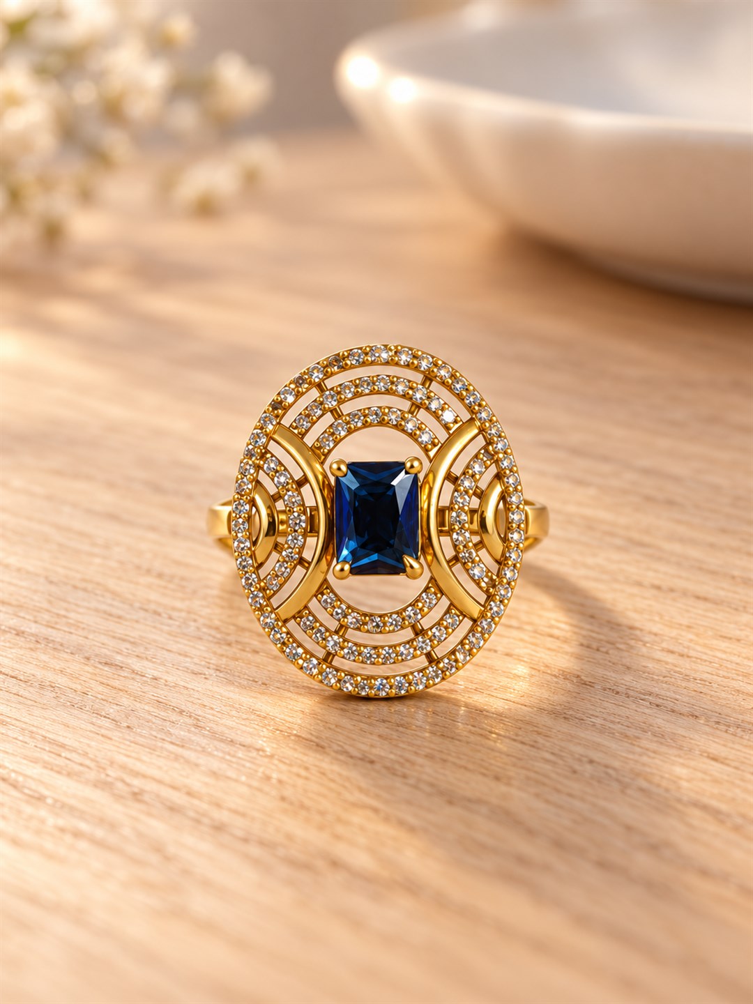 Blue Stone Rectangular Stone Oval Halo Ring - Gold Plated, additional view 3