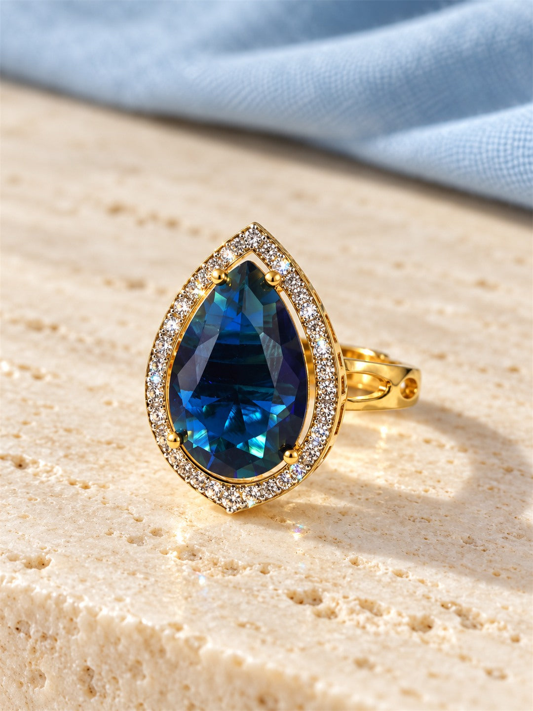 Blue Pear Stone Halo Ring - Gold Plated, additional view 3