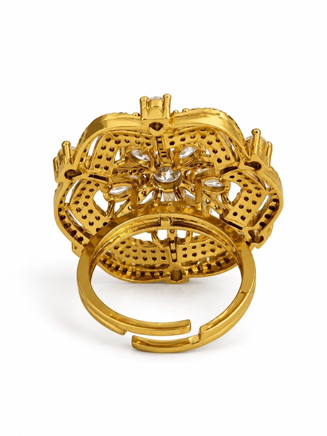 Clear Stone Scalloped Floral Halo Ring - Gold Plated, additional view 6
