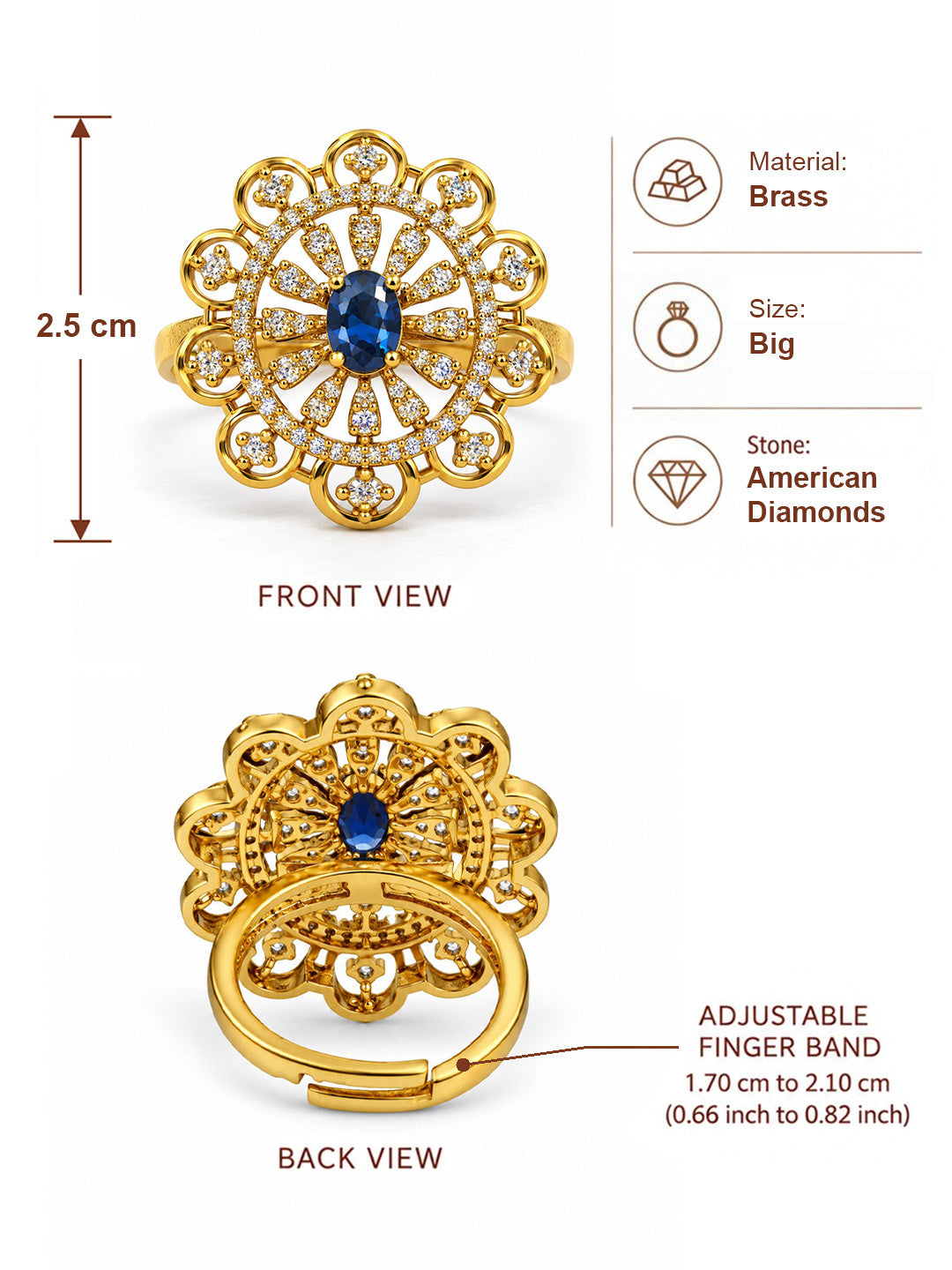 Blue Stone Scalloped Sunburst Ring - Gold Plated, additional view 6