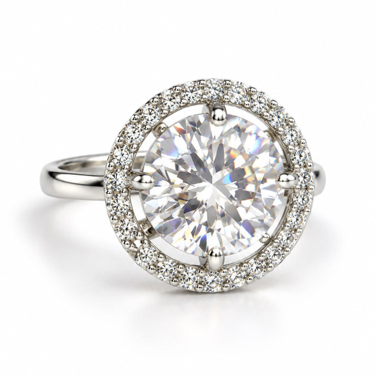 Clear Round Solitaire Halo Ring - Silver Plated