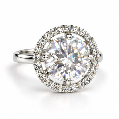 Clear Round Solitaire Halo Ring - Silver Plated