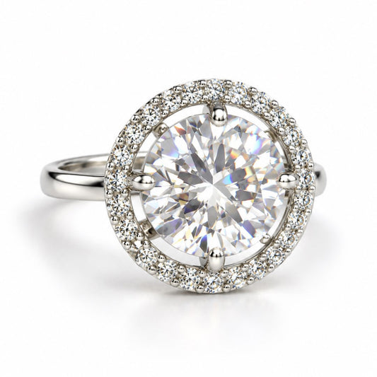Clear Round Solitaire Halo Ring - Silver Plated