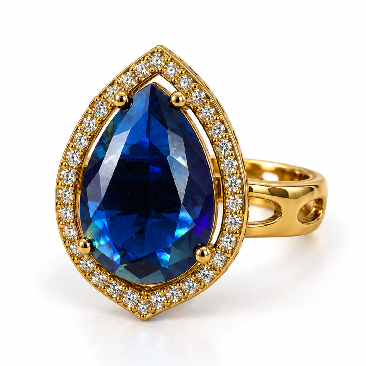 Blue Teardrop Stone Halo Ring - Gold Plated, product view