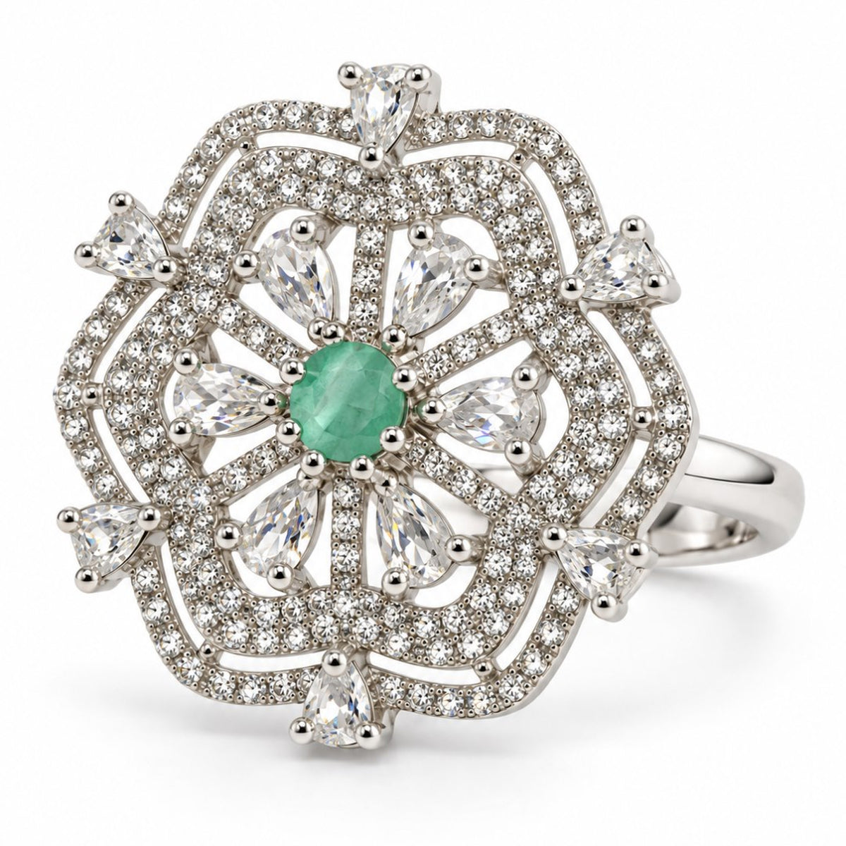 Mint Green Round Center Geometric Flower Ring - Silver Plated - product view